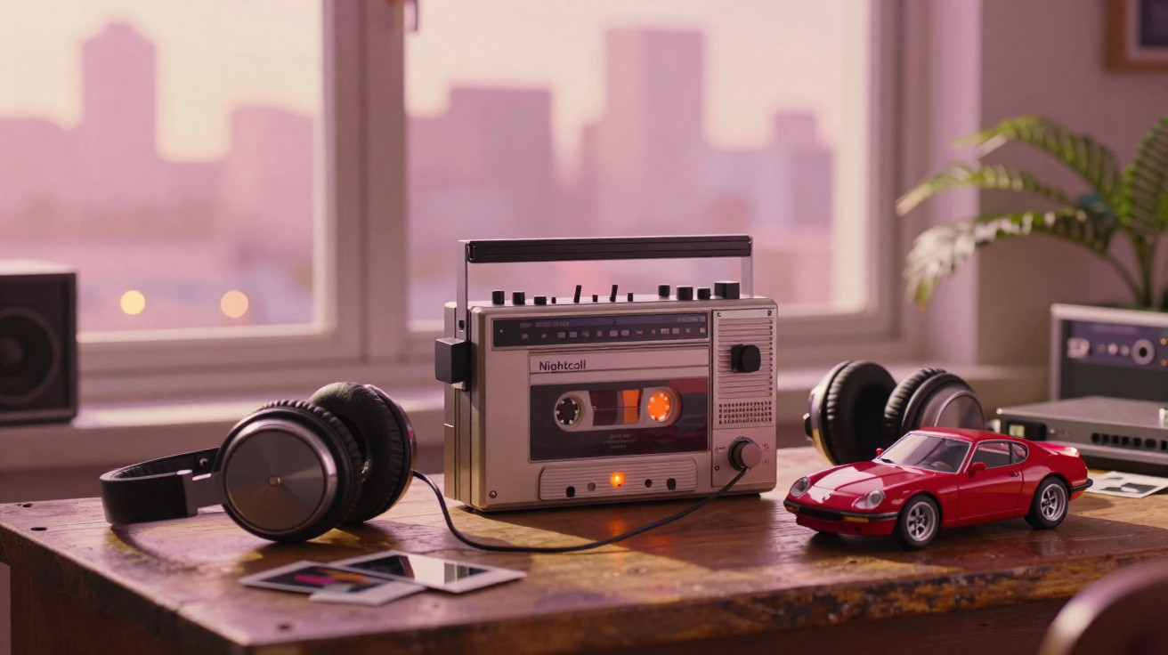 Retro-Kassettenradio, Kopfhörer, Spielzeugauto und Fotos auf einem Holztisch vor Fenster mit Stadtblick.