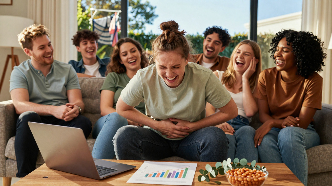 Sieben junge Menschen sitzen auf Sofas, lachen gemeinsam und schauen auf Laptop und Diagramm auf dem Tisch.