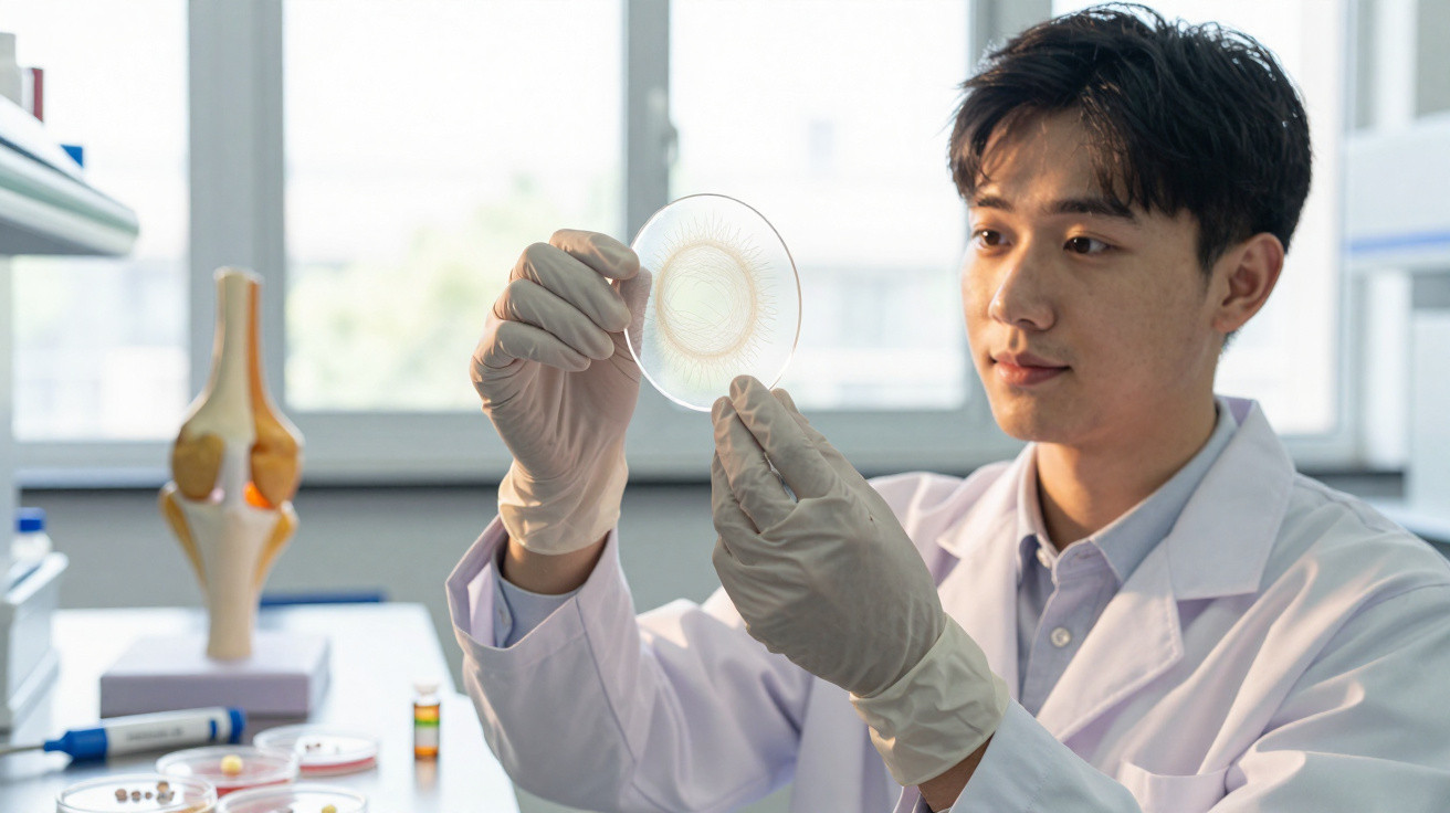Wissenschaftler in Labor untersucht transparente Petrischale mit Handschuhen vor Fenster mit anatomischem Knie-Modell.