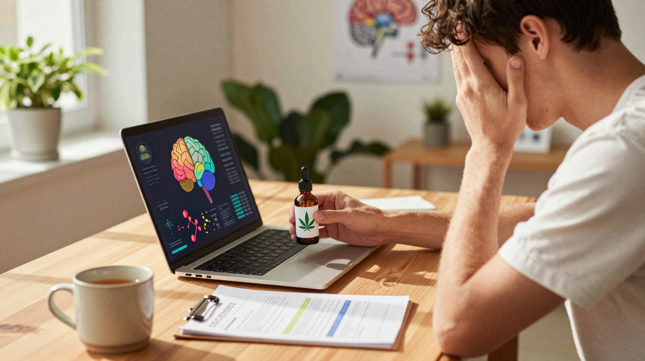 Mann hält Flasche mit Cannabisöl vor Laptop mit Gehirnanalyse, wirkt gestresst am Schreibtisch.