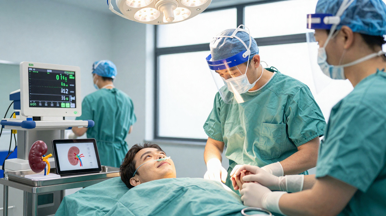Patient liegt im OP mit Ärzten, medizinische Geräte und Nierendiagramm im Hintergrund sichtbar.