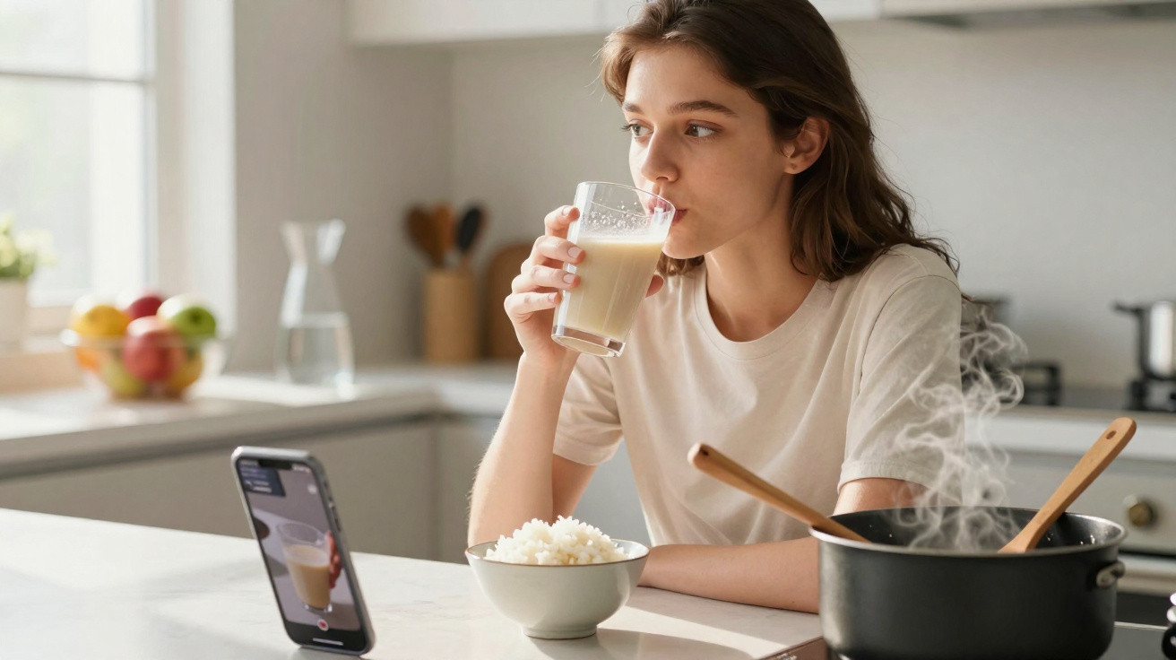 Junge Frau trinkt ein Glas Milch in der Küche, während sie auf ihr Smartphone schaut.