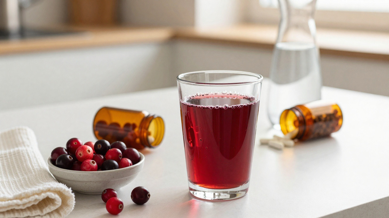 Glas mit rotem Saft, frische Cranberries in einer Schale und zwei geöffnete Pillenfläschchen auf Tisch