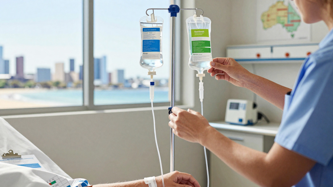 Krankenpflegerin stellt Infusionsbeutel bei Patient mit Vene und Stadtblick im Krankenhaus ein.