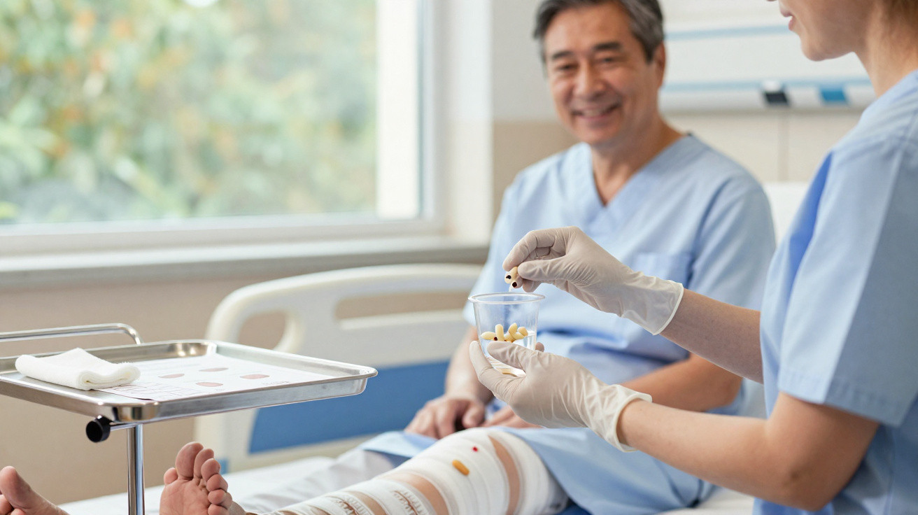 Krankenpflegerin reicht Patienten mit Beinverband Tabletten in einem Krankenhauszimmer.