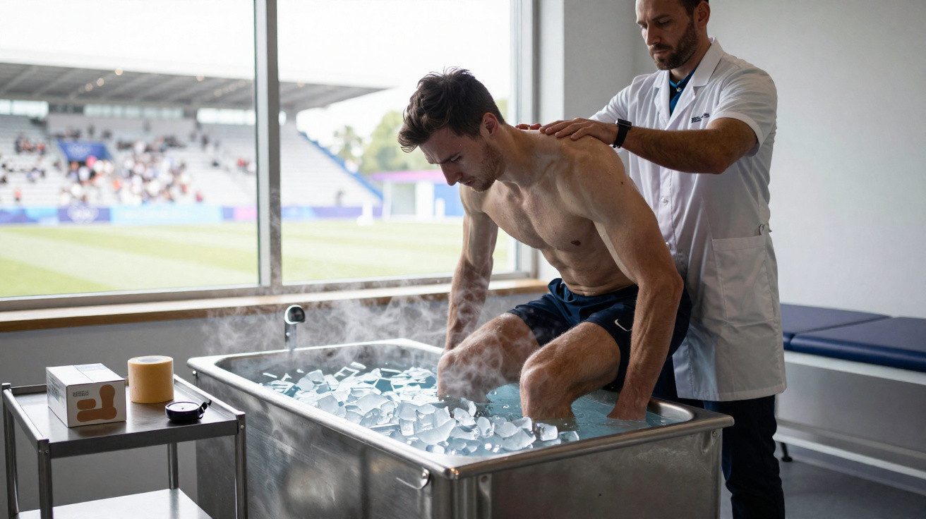Ein Sportler sitzt in einem Eisbad, während ein Therapeut seine Schulter massiert, im Hintergrund ein Stadion.