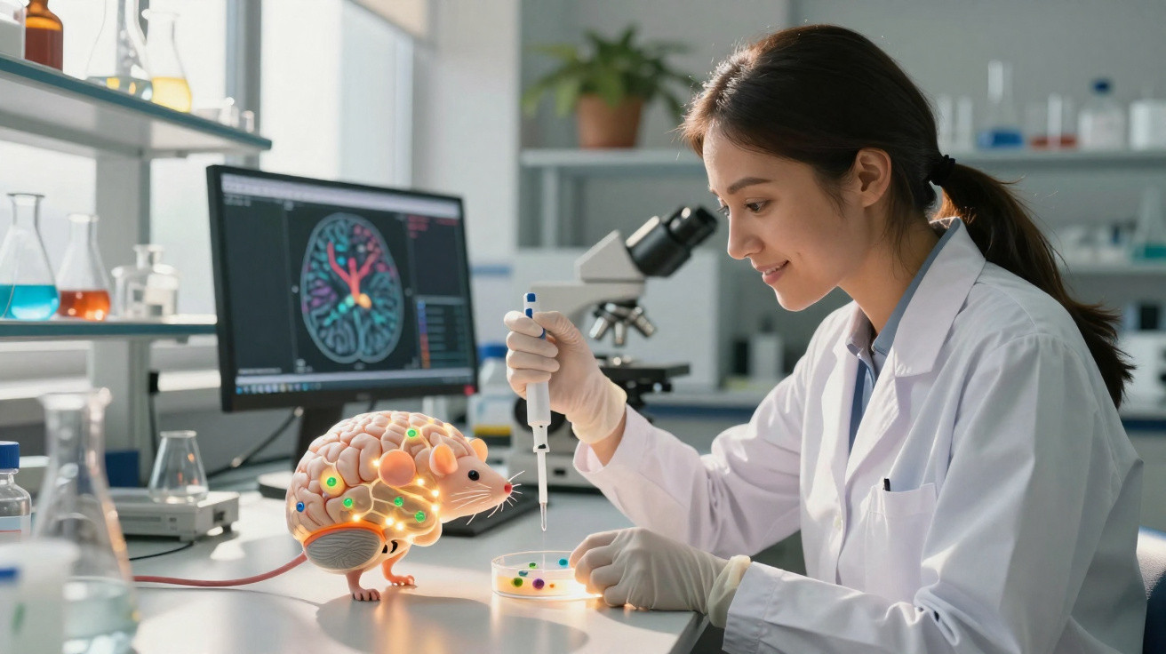 Wissenschaftlerin in Labor untersucht Petri-Schale mit digital dargestellter Maus mit sichtbarem Gehirnmodell.