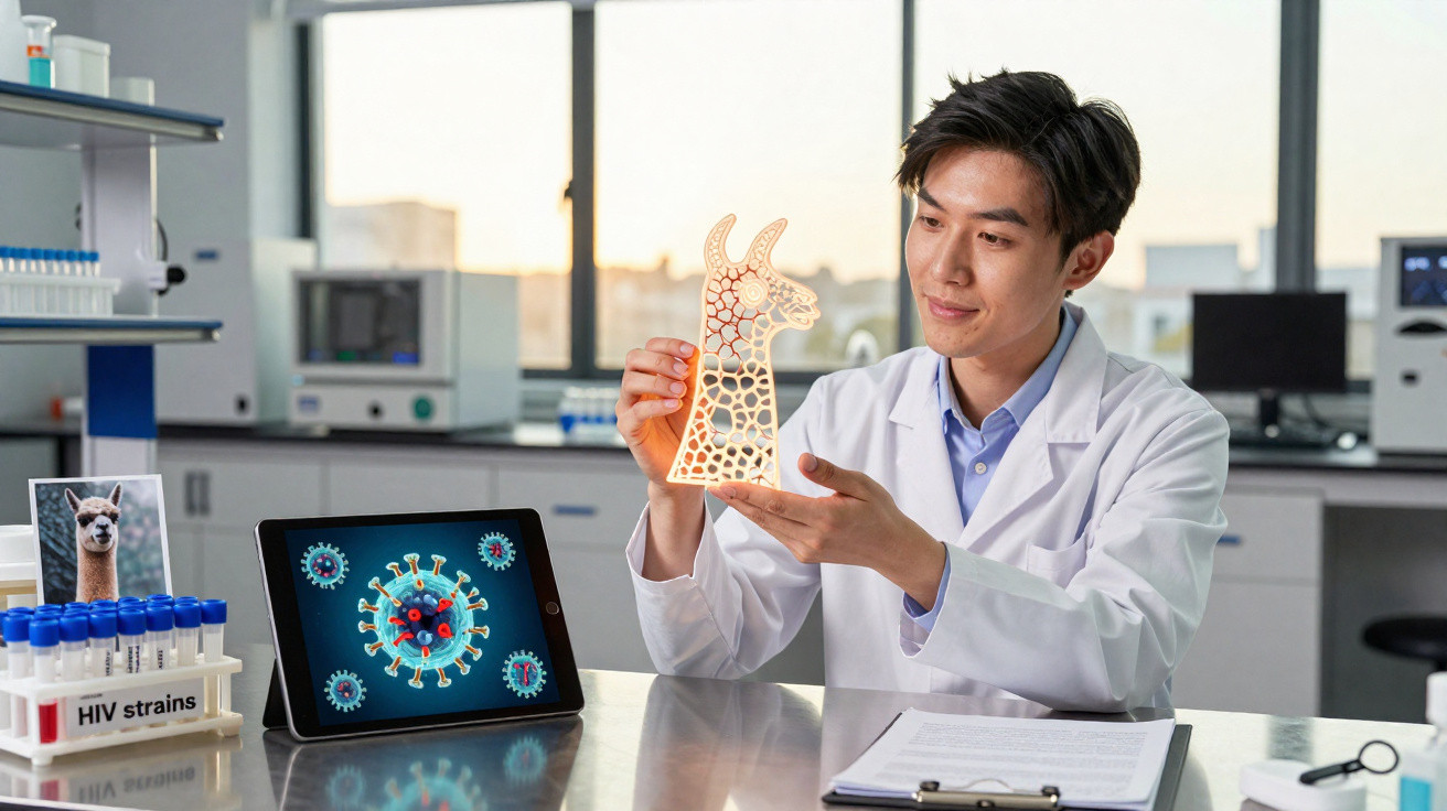 Forscher im Labor untersucht 3D-Modell einer Giraffe neben Tablet mit Virenabbildung und HIV-Proben.