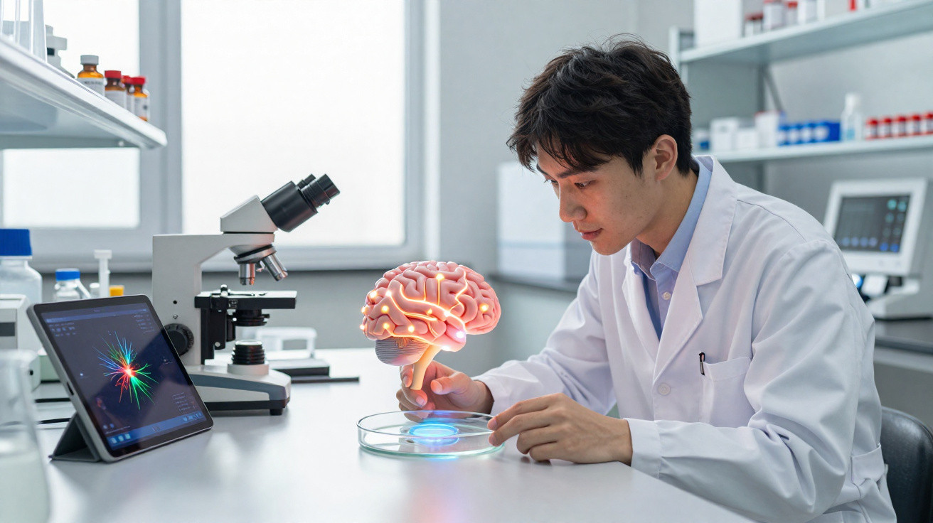 Wissenschaftler im Labor analysiert mit holografischem Gehirnmodell und digitaler Technik Daten am Mikroskop.