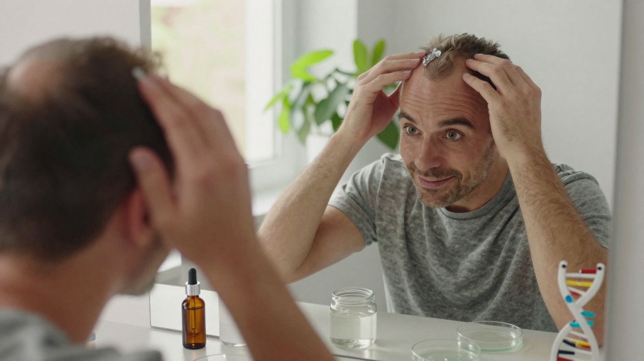 Mann mit Haarausfall untersucht seinen Kopf im Spiegel, um Haarwachstum oder Pflegeprodukte zu verwenden.