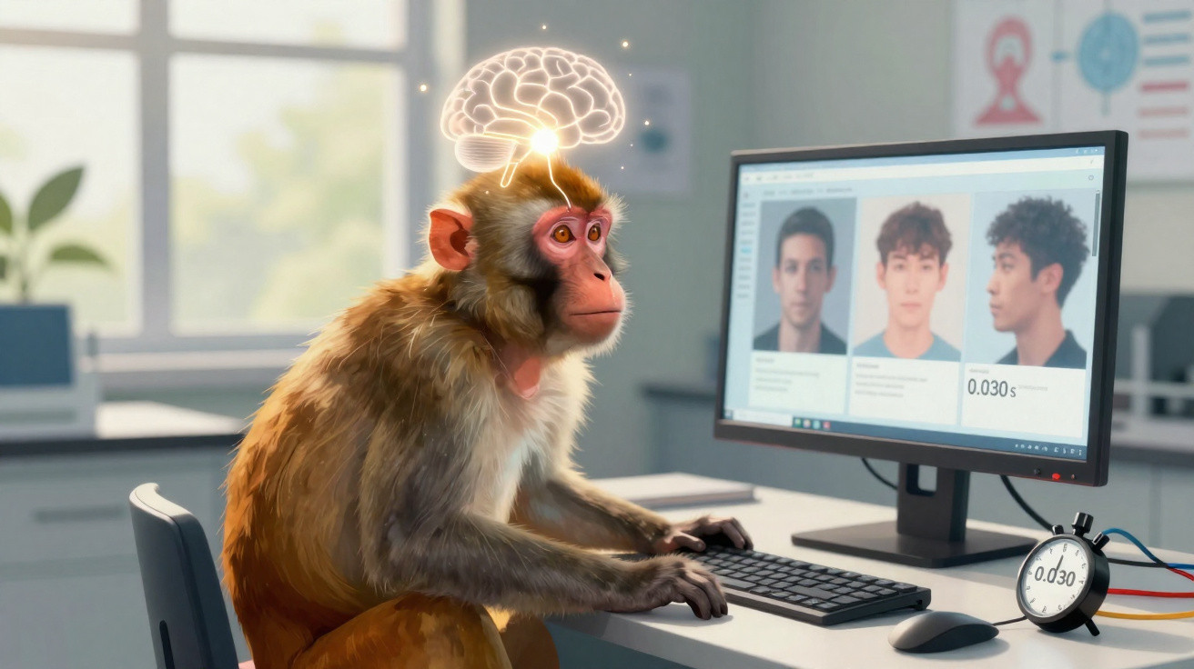 Affe sitzt am Schreibtisch vor Computer, darüber leuchtende Gehirnzeichnung symbolisiert Intelligenz.