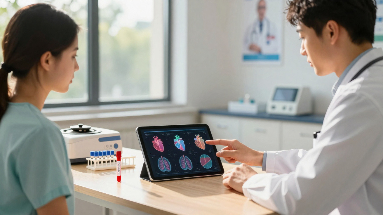 Arzt erklärt Patientin am Tablet Herz- und Lungenbilder in einer medizinischen Praxis.