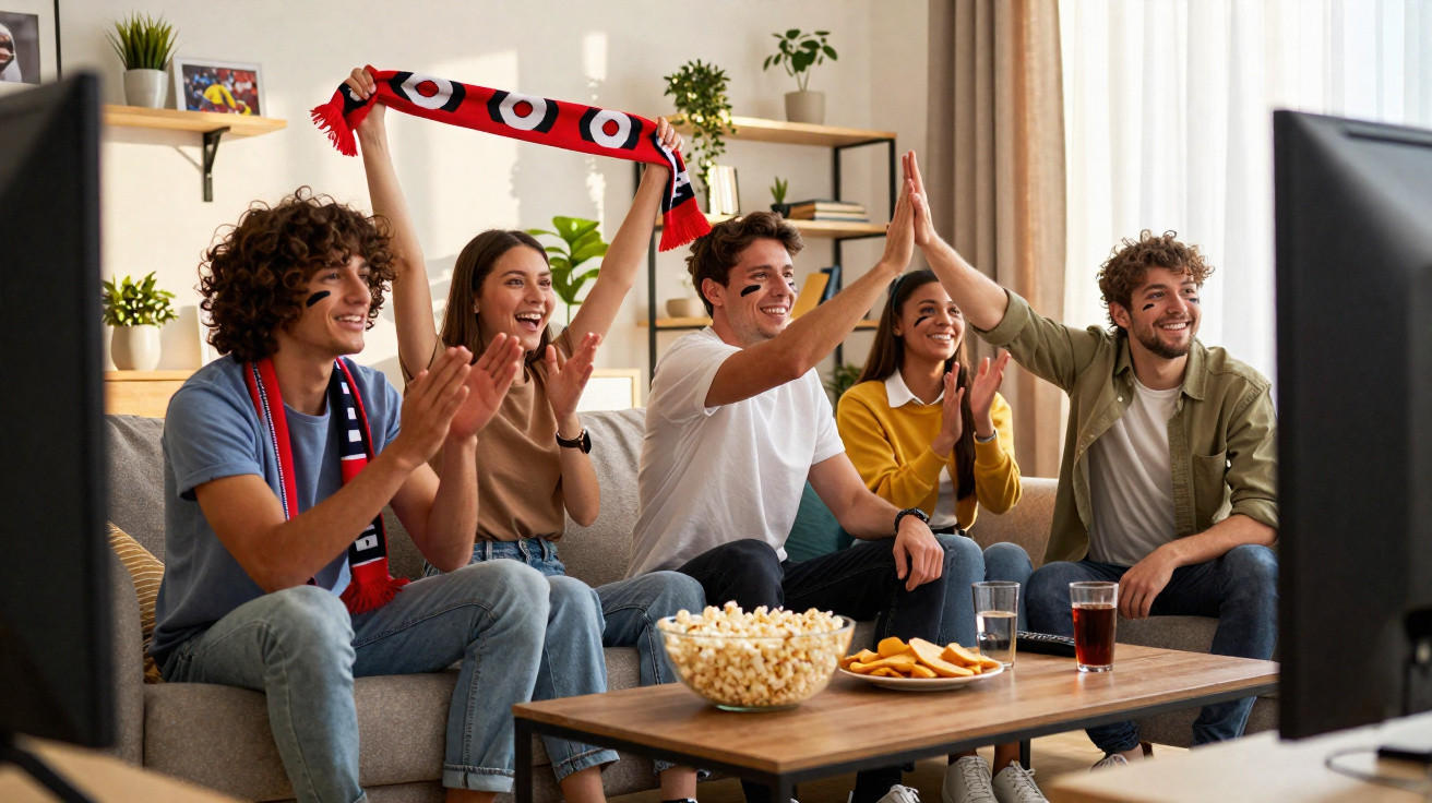 Fünf Freunde jubeln und klatschen beim Fernsehevent, Snacks und Getränke auf dem Tisch vor ihnen.