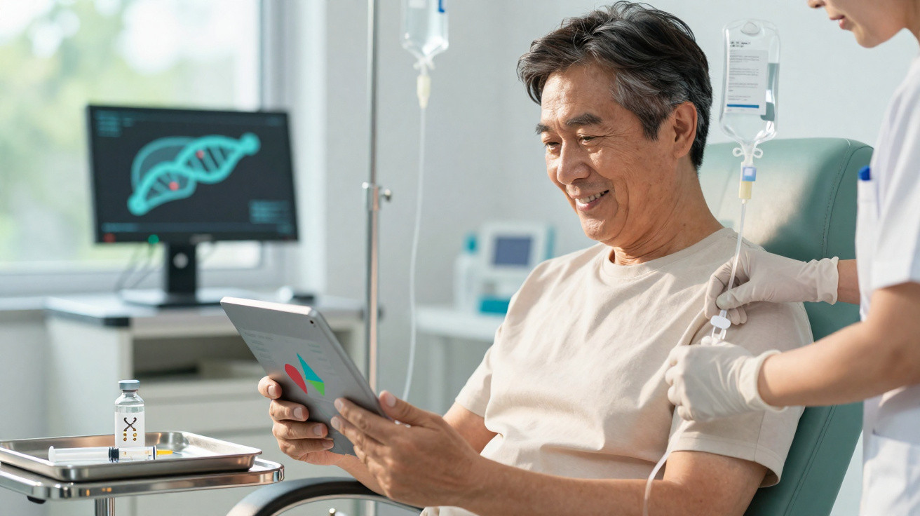 Älterer Mann mit Infusion am Arm liest Tablet, medizinische Betreuung im hellen Behandlungsraum im Hintergrund sichtbar.