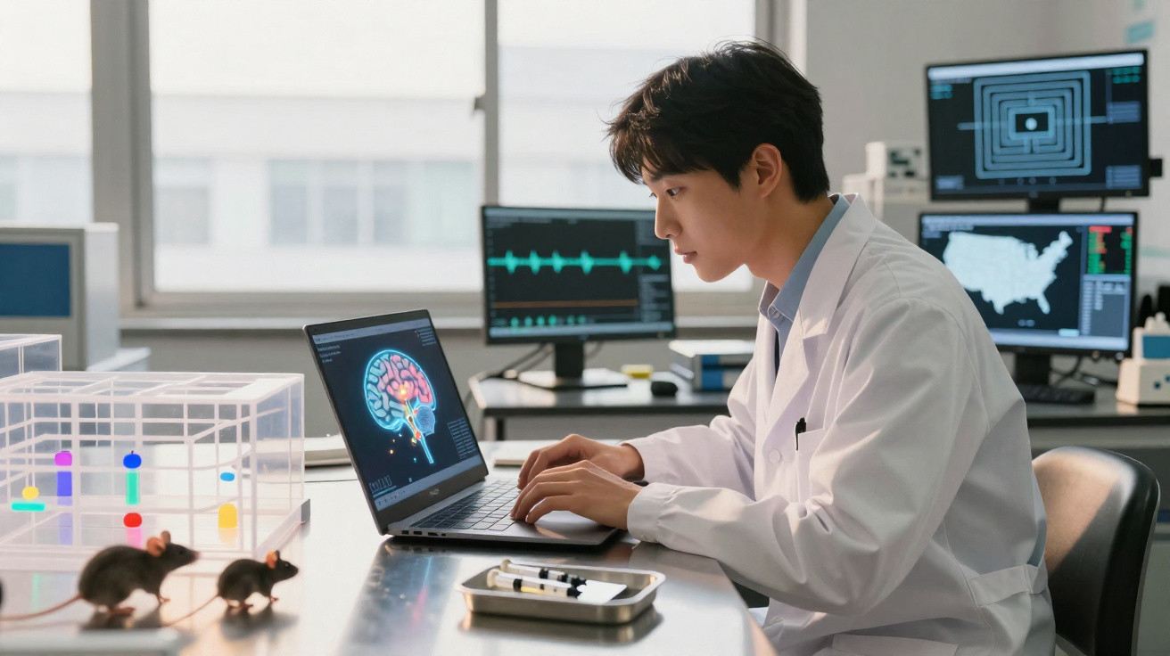 Wissenschaftler im Labor analysiert Gehirnscans am Laptop mit zwei Mäusen in transparenten Käfigen auf dem Tisch.