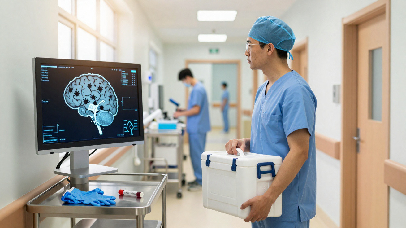 Arzt in OP-Kleidung hält Kühlbox und betrachtet Gehirn-Scan auf Bildschirm im Krankenhausflur.