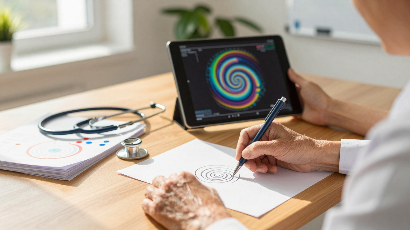 Ältere Person zeichnet Spiralmuster auf Papier, Tablet zeigt farbige Spiralgrafik, Stethoskop liegt auf dem Tisch.