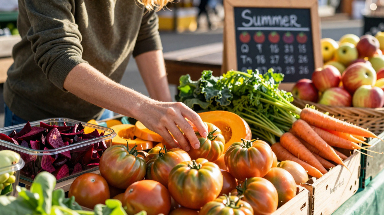 Mann greift am Bauernmarkt nach frischen Tomaten, umgeben von anderem Gemüse und Äpfeln in Holzkisten.