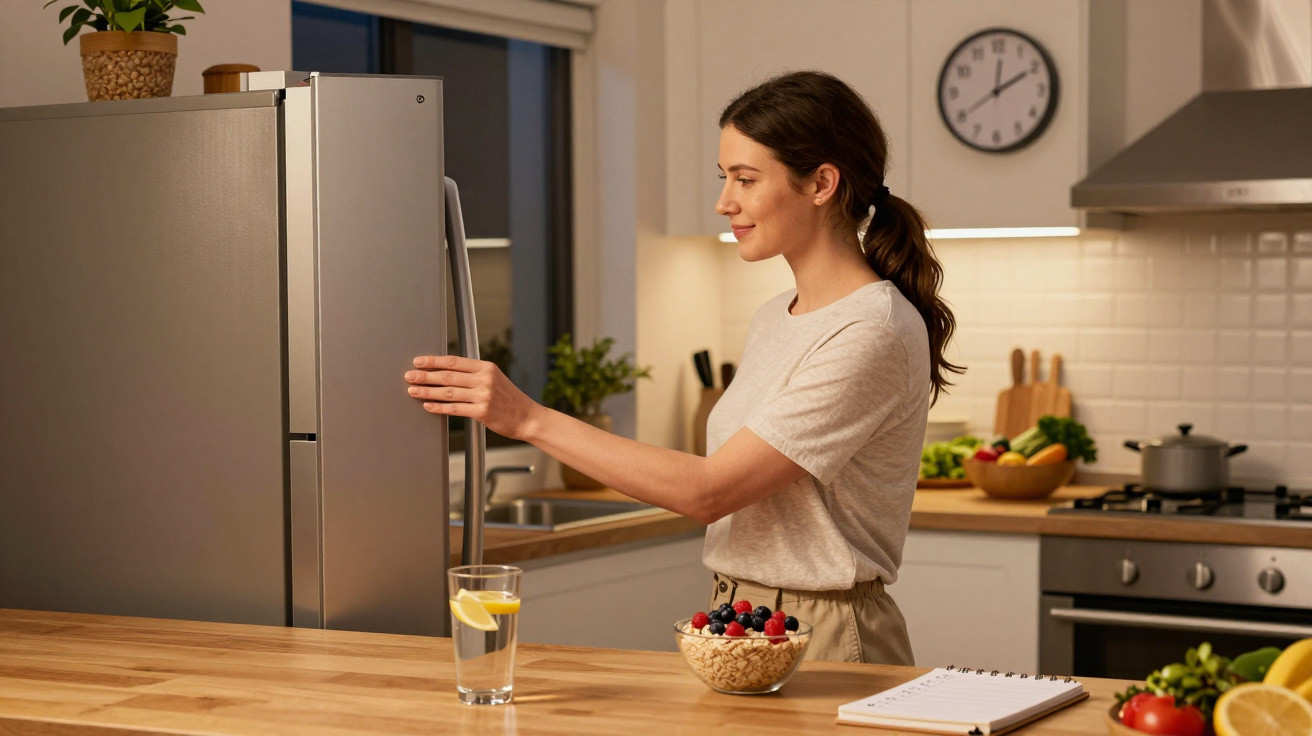 Frau öffnet Kühlschrank in moderner Küche, auf der Arbeitsfläche Schüssel mit Obst und Glas Wasser mit Zitrone.