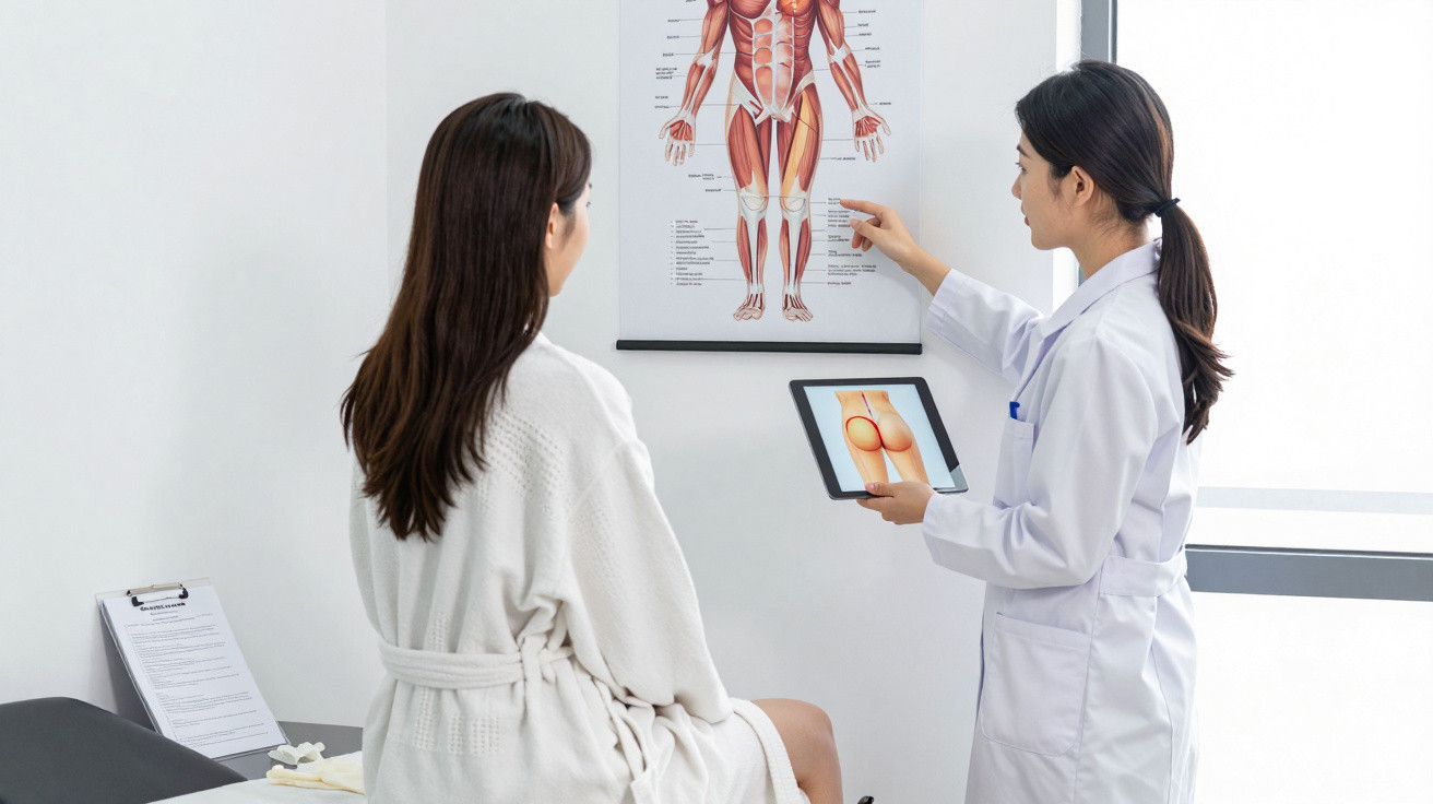 Ärztin erklärt Patientin im Bademantel Muskelanatomie anhand eines Posters und Tablets im Behandlungsraum.