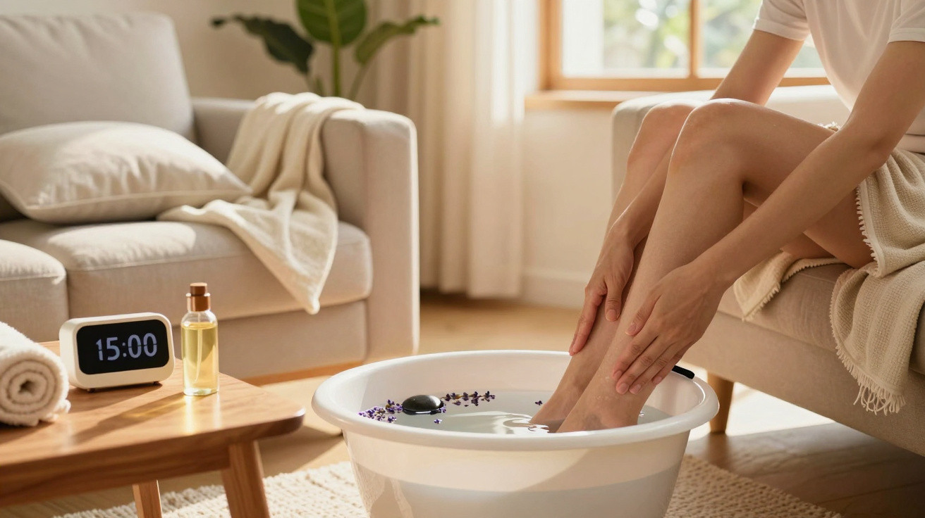 Frau pflegt Füße mit warmem Wasser und Lavendel in gemütlichem Wohnzimmer am Nachmittag.