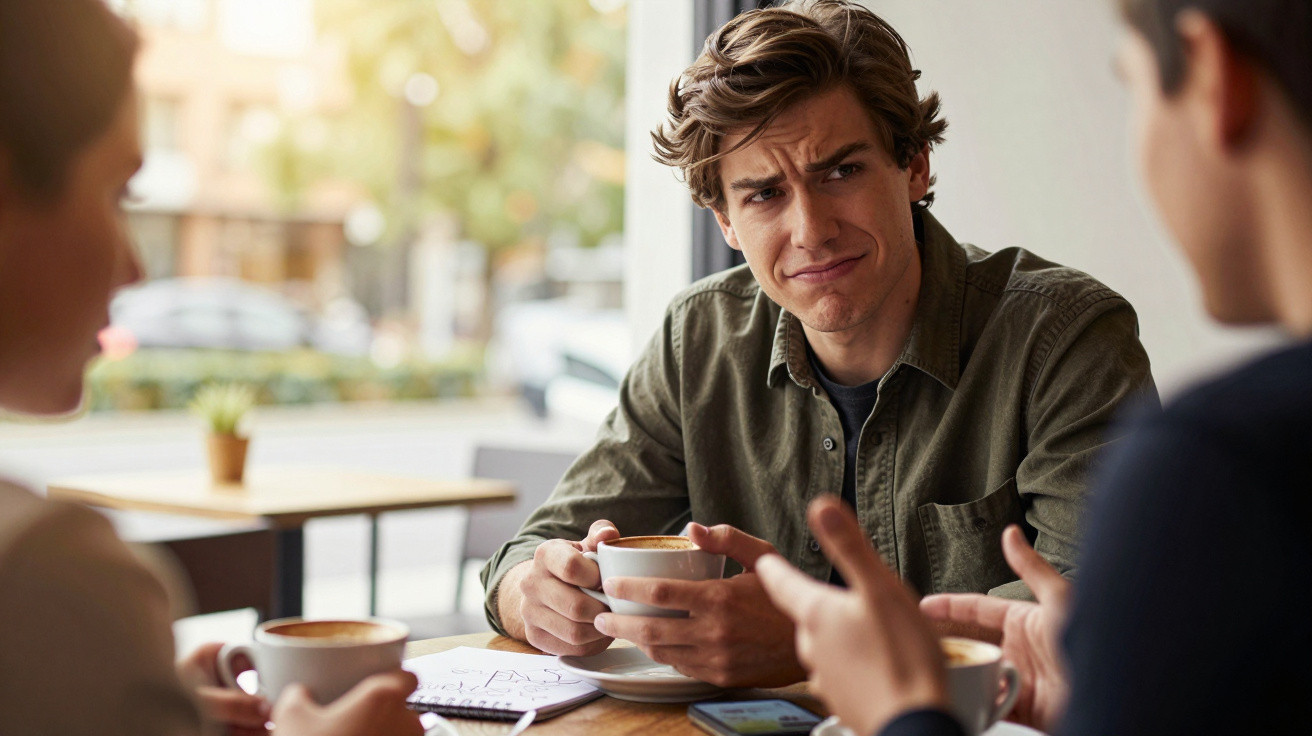 Junger Mann hört skeptisch zu, während er in einem Café mit zwei Personen Kaffee trinkt.