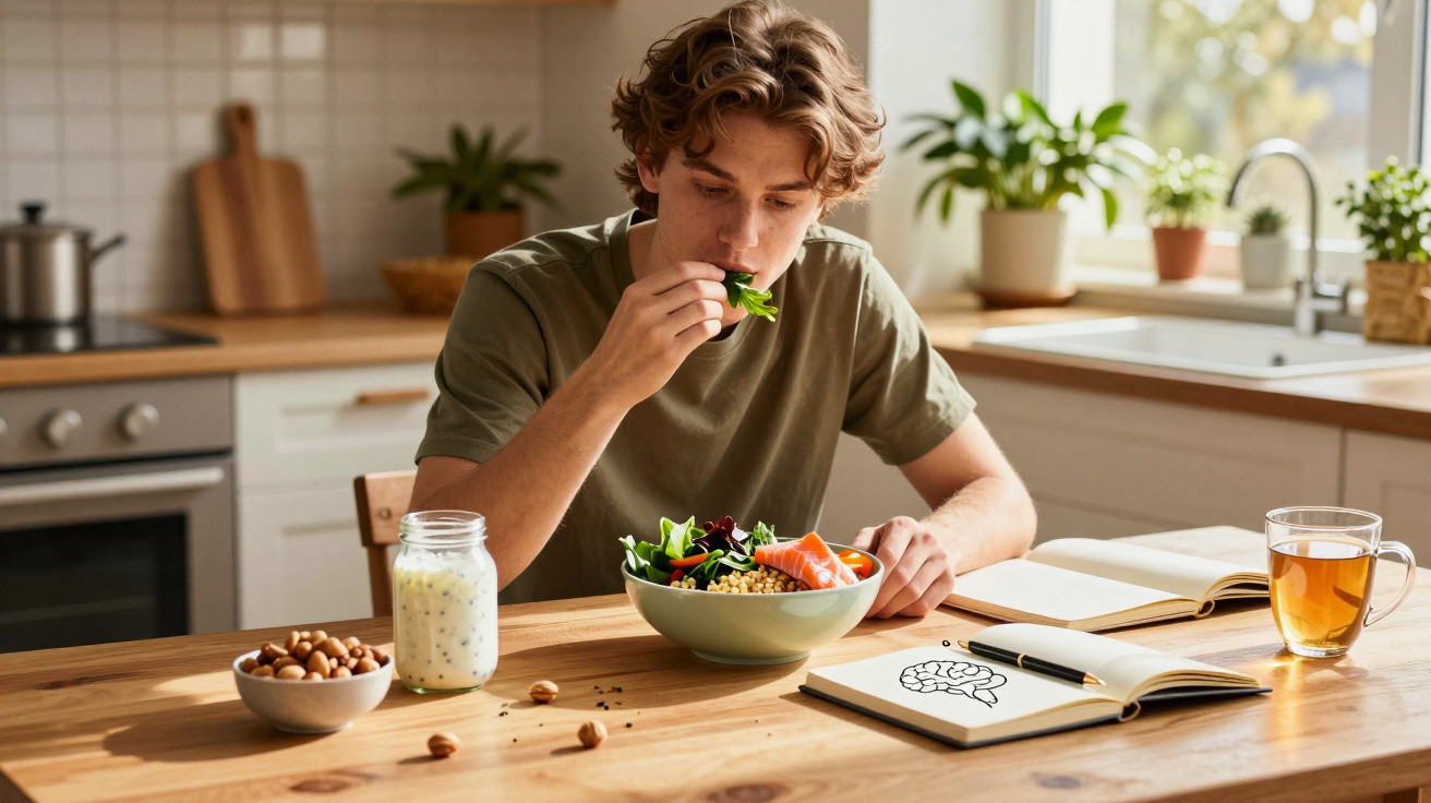 Junger Mann isst Salat in heller Küche, auf dem Tisch Nüsse, Joghurt, Tee und ein aufgeschlagenes Buch mit Zeichnung.