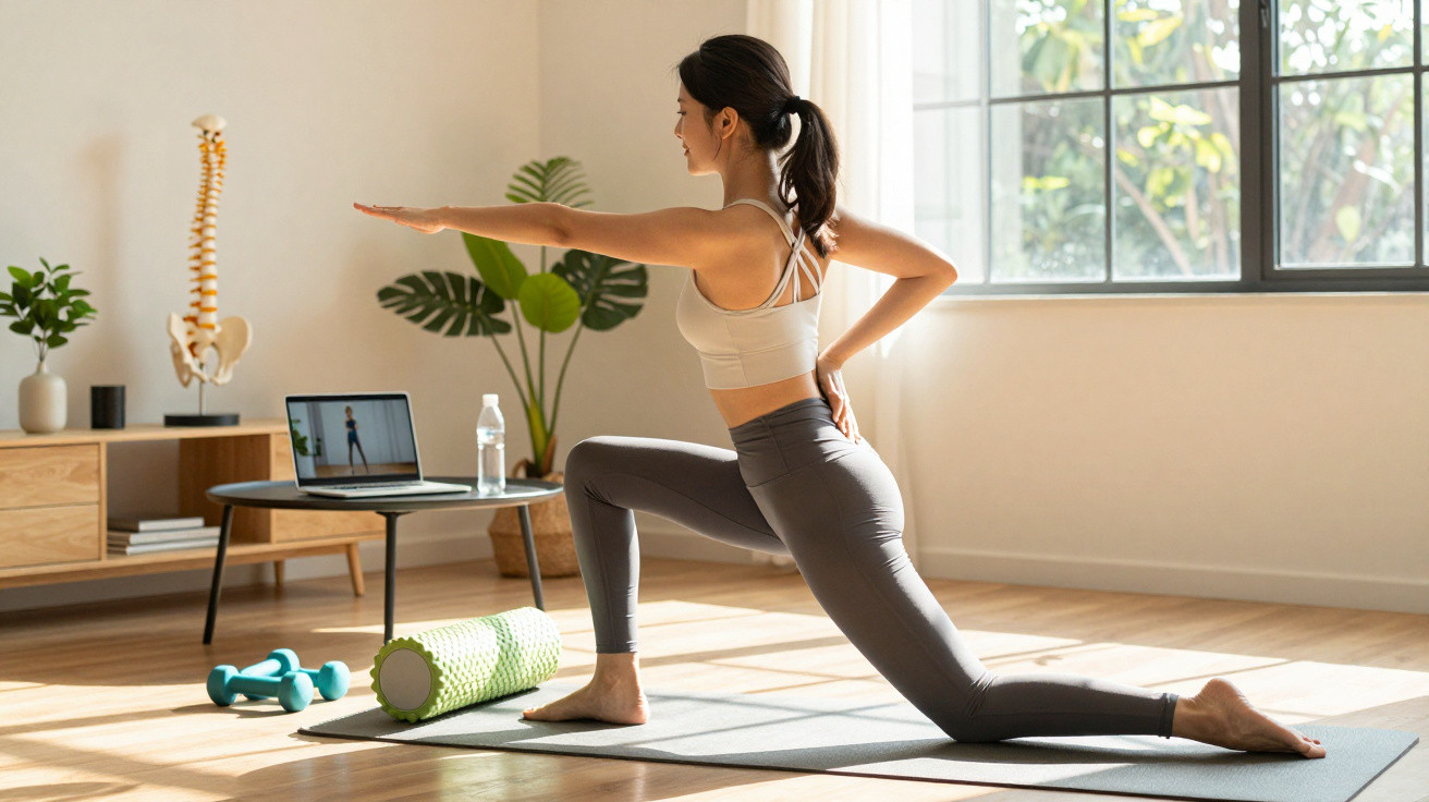 Frau macht Dehnübungen auf Yogamatte zu Hause, Laptop mit Trainingsvideo im Hintergrund sichtbar.