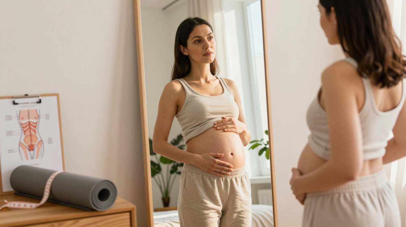 Schwangere Frau betrachtet ihren Babybauch nachdenklich im Spiegel in einem hellen, gemütlichen Zimmer.
