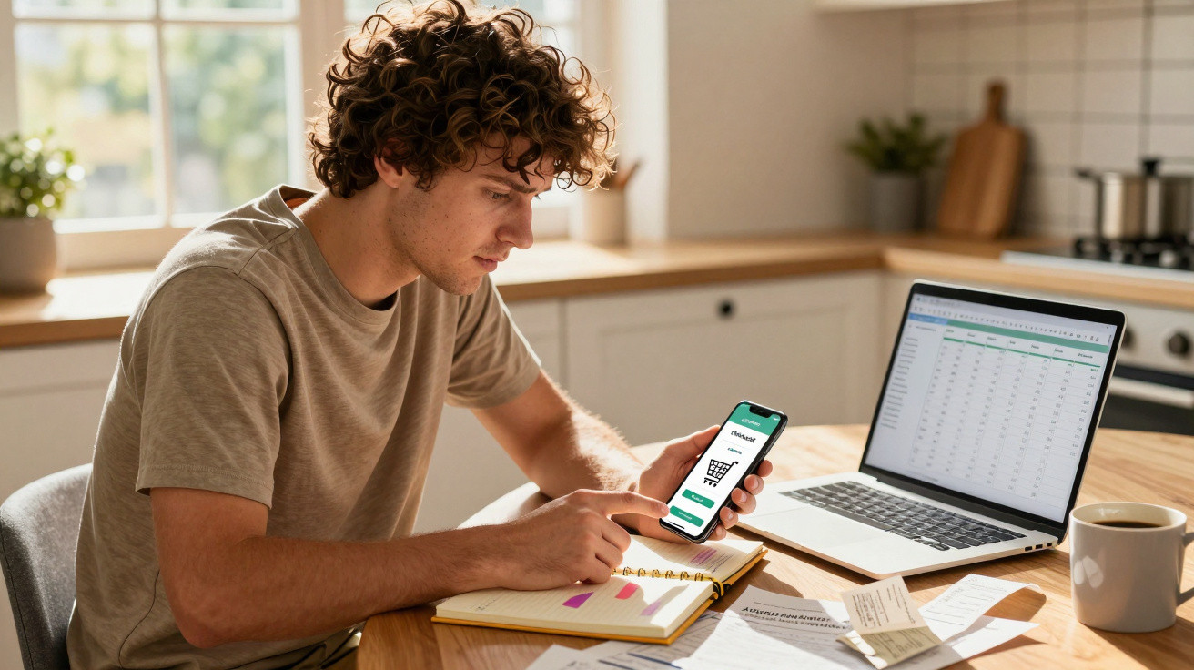 Junger Mann sitzt in der Küche und erledigt Online-Shopping auf dem Smartphone neben einem Laptop mit Tabellen.
