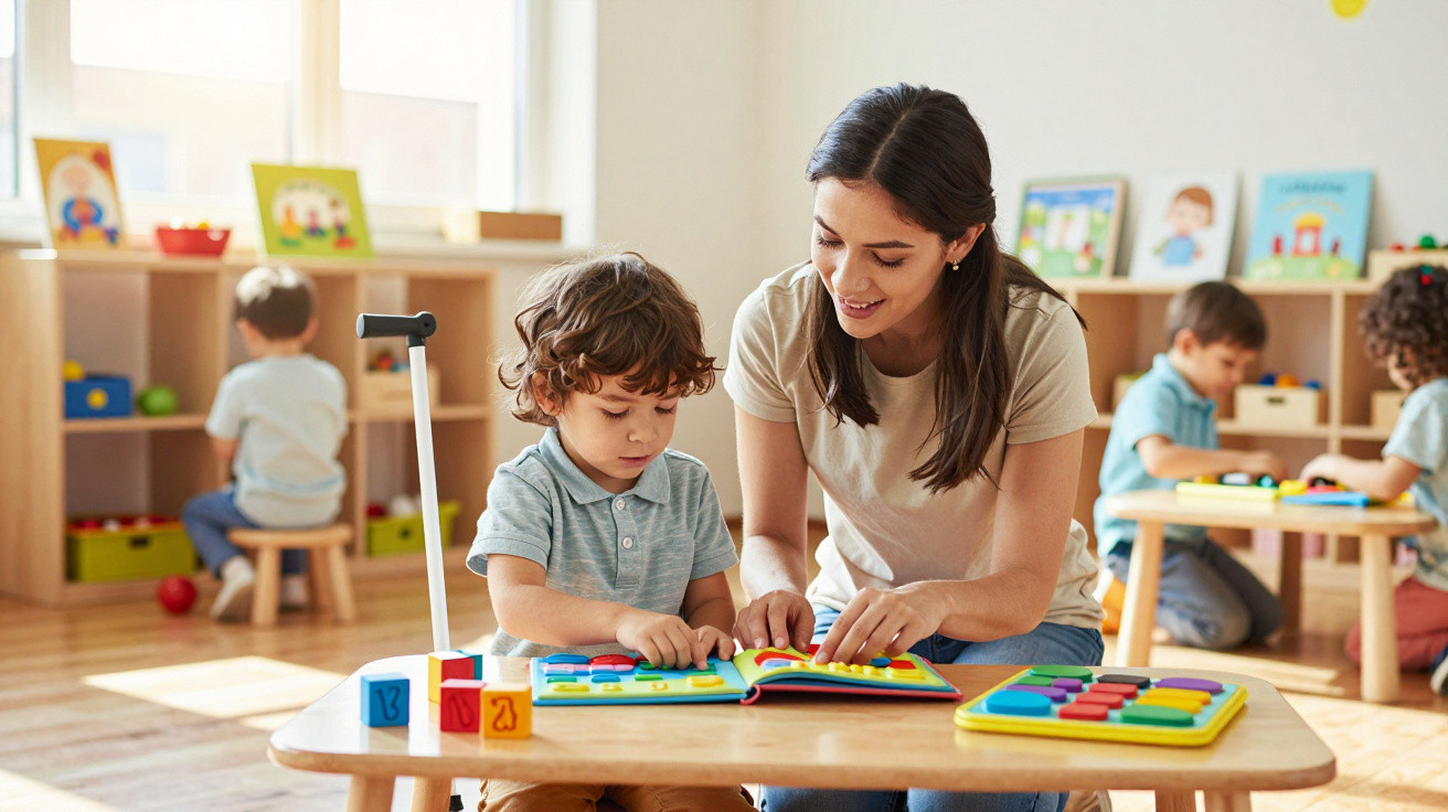 Erzieherin liest mit kleinem Jungen in inklusivem Klassenzimmer mit weiteren spielenden Kindern im Hintergrund.