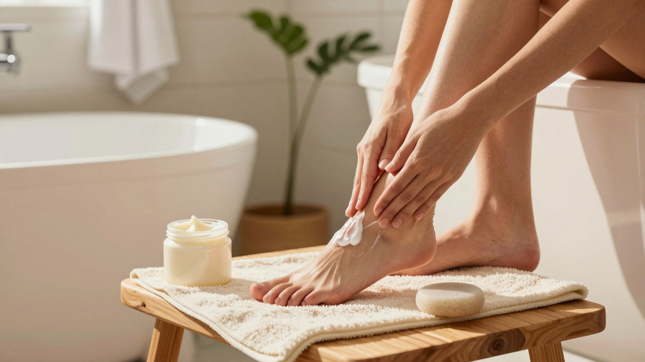 Frau cremt sich die Füße mit Fußcreme ein, Badewanne und Pflanze im Hintergrund sichtbar.