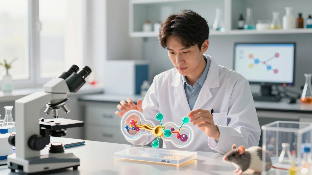 Wissenschaftler im Labor analysiert molekulare Struktur mit Laborratten und Mikroskop im Hintergrund.