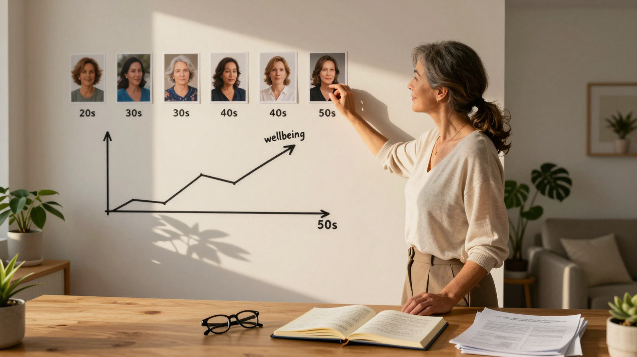 Frau zeigt Wohlbefindenstrend von den 20ern bis 50ern anhand Photos und Diagramm an Wand im Wohnzimmer.