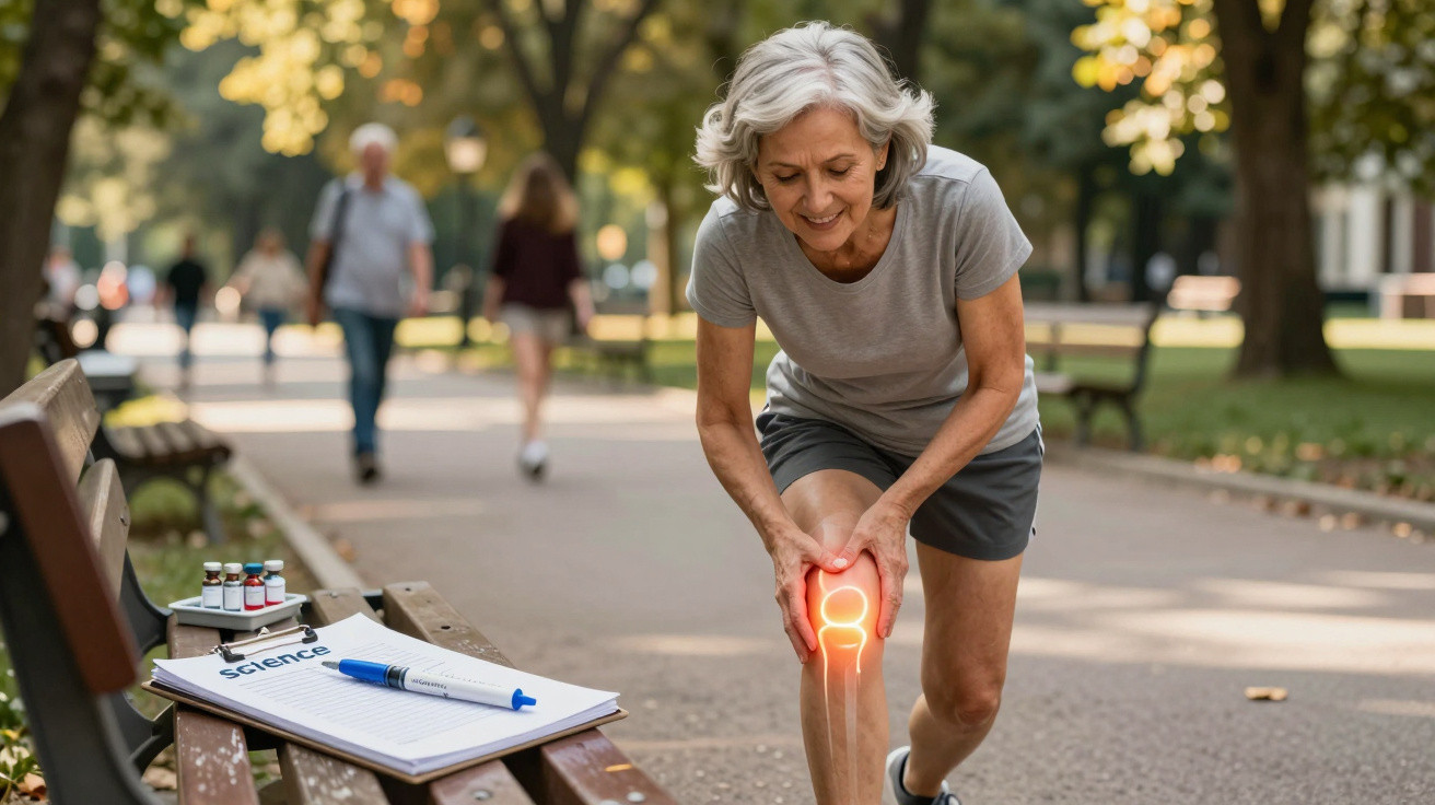 Ältere Frau hält sich schmerzend das Knie beim Joggen im Park, medizinische Utensilien auf der Bank.