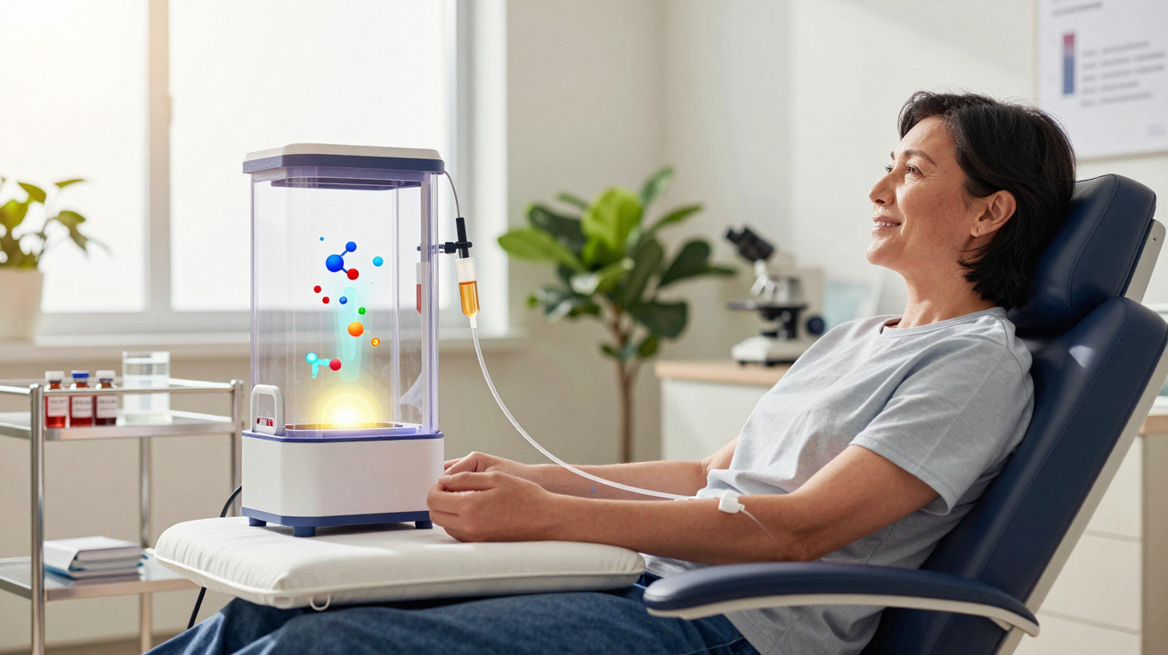 Frau erhält Infusion in modernem Behandlungsraum mit holografischer Molekülprojektion neben ihr.