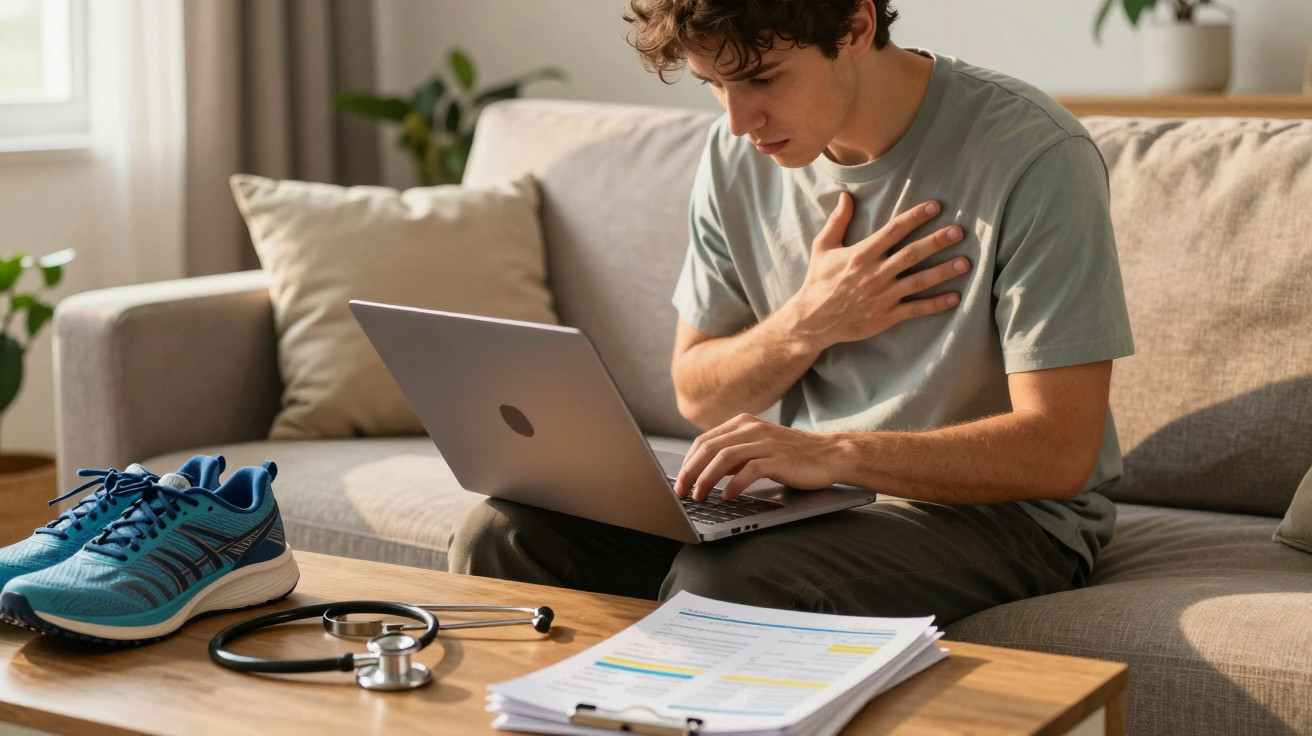 Junger Mann sitzt auf Sofa, hält sich die Brust und arbeitet am Laptop, daneben Stethoskop, Sport­schuhe und Dokumente.