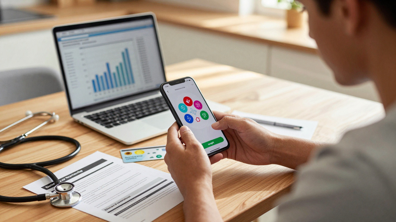 Person hält Smartphone mit Gesundheits-App vor Laptop, Stethoskop und Dokumenten auf Holztisch im Büro.