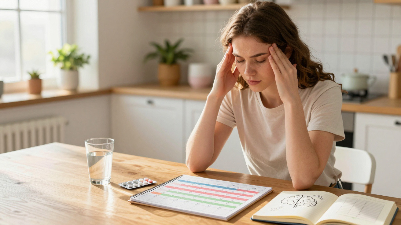 Junge Frau mit Kopfschmerzen sitzt am Tisch mit Kalender und Medikamenten im hellen Wohnzimmer.