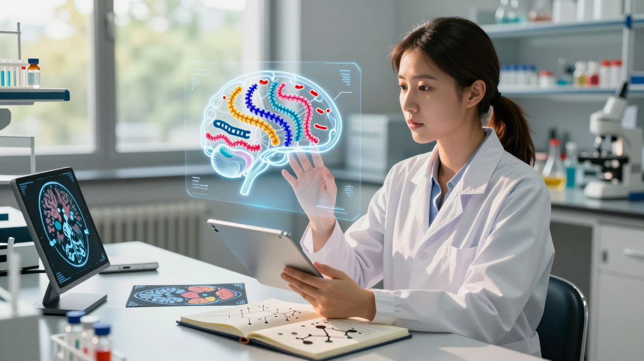 Wissenschaftlerin im Labor untersucht digitale Darstellung eines Gehirns mit Tablet und Monitor.