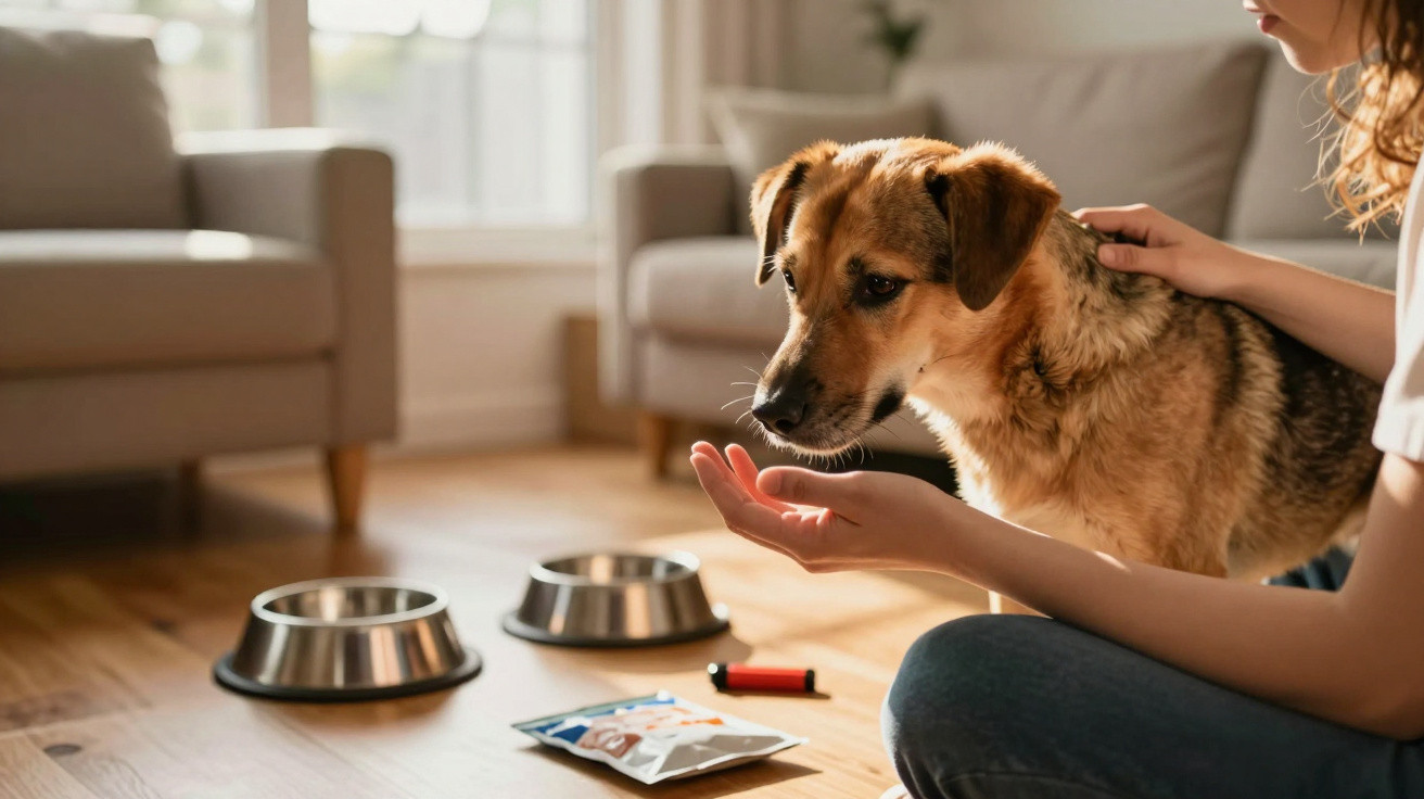 Frau füttert ihren Hund im Wohnzimmer, zwei Futternäpfe und Snacks liegen auf dem Boden.