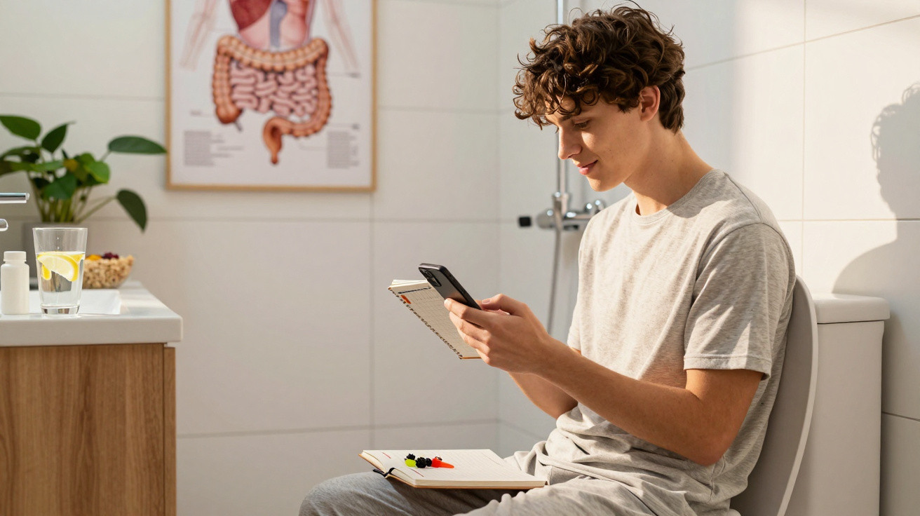 Junger Mann sitzt auf Toilette, hält Smartphone und Notizblock in modernem Badezimmer mit Darmdiagramm.