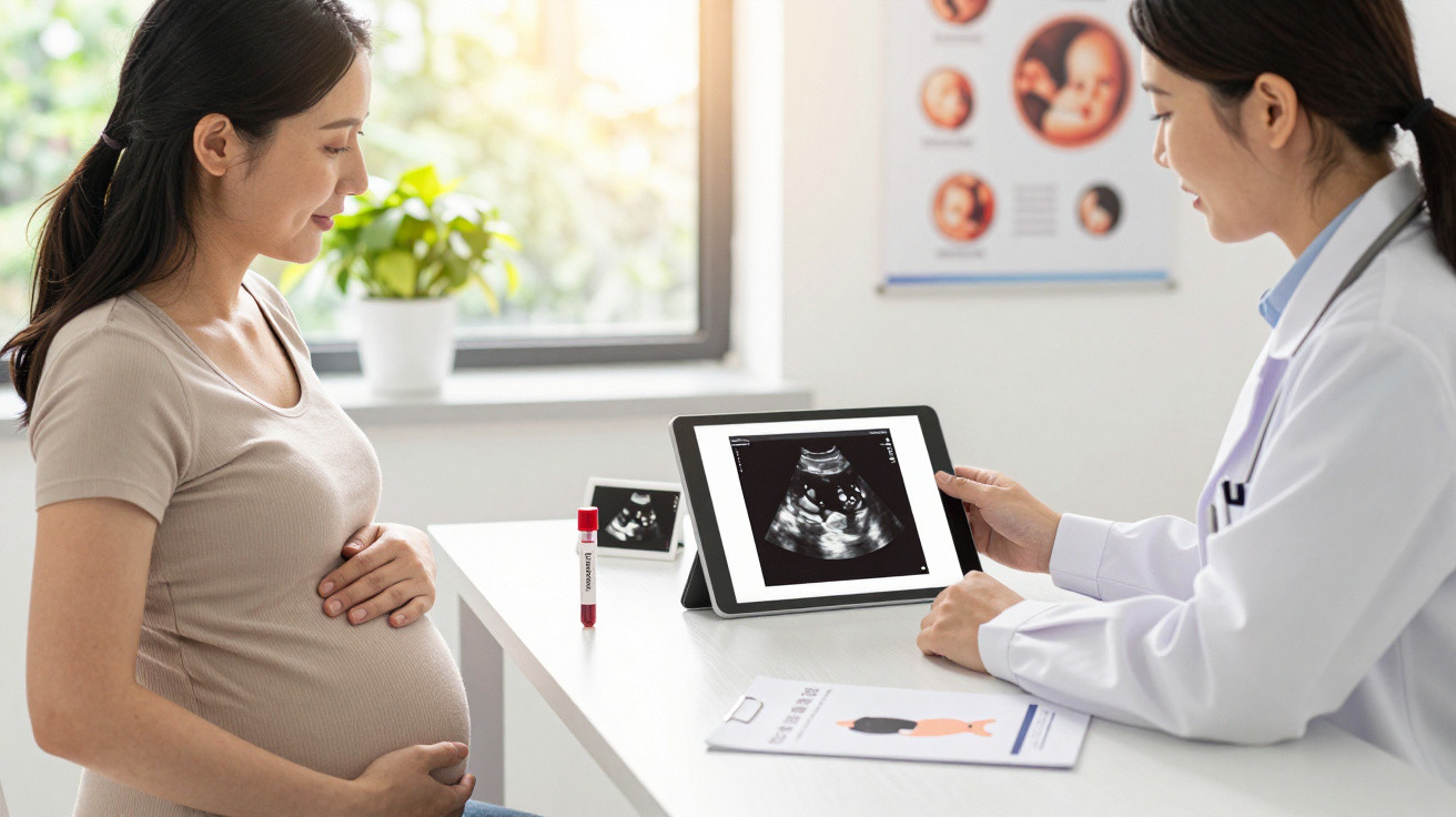 Schwangere Frau im Gespräch mit Ärztin, die Ultraschallbild auf Tablet zeigt im Untersuchungsraum.