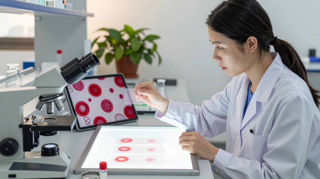 Wissenschaftlerin im Labor untersucht Blutproben auf Leuchttisch mit Mikroskop und Tablet im Hintergrund.