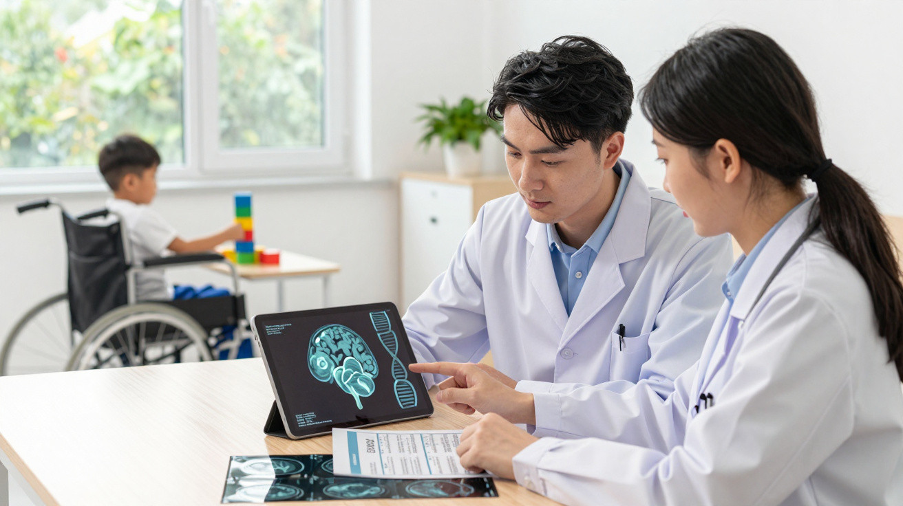 Zwei Ärzte besprechen Gehirn-CT auf Tablet, im Hintergrund Kind im Rollstuhl spielt mit Bauklötzen.