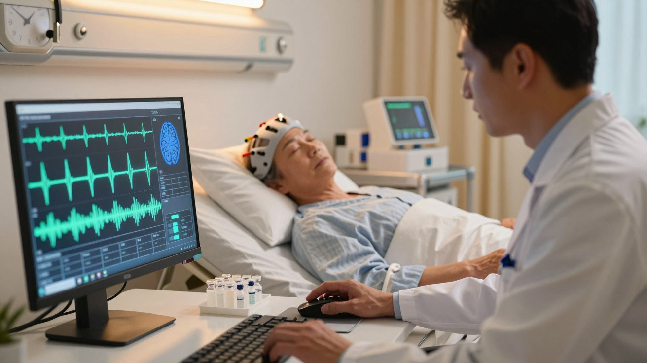 Arzt überwacht Gehirnwellen eines schlafenden Patienten im Krankenhausbett mit Elektrodenhaube.