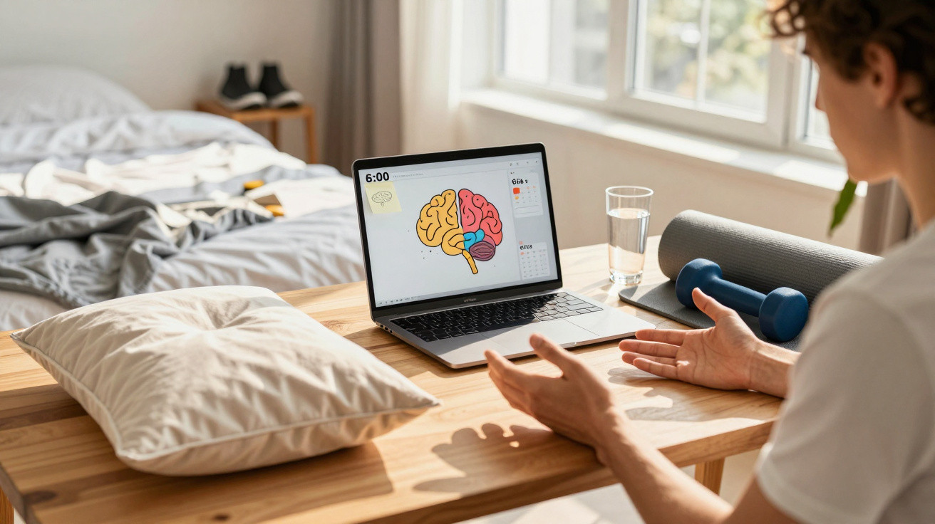 Person sitzt am Schreibtisch vor Laptop mit Gehirn-Grafik, daneben Wasser, Hantel und Yoga-Matte im hellen Raum.