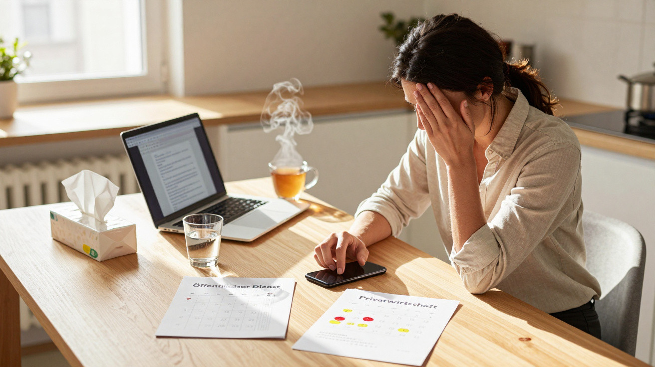 Frau sitzt am Tisch, hält sich erschöpft das Gesicht, neben Laptop, Unterlagen, Handy, Glas Wasser und dampfender Tasse Tee.