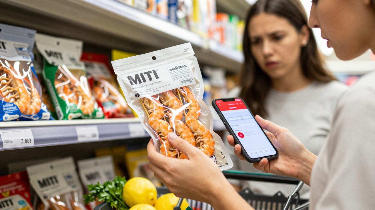 Person im Supermarkt hält verpackte Garnelen und nutzt Smartphone, Regale mit Snacks im Hintergrund.