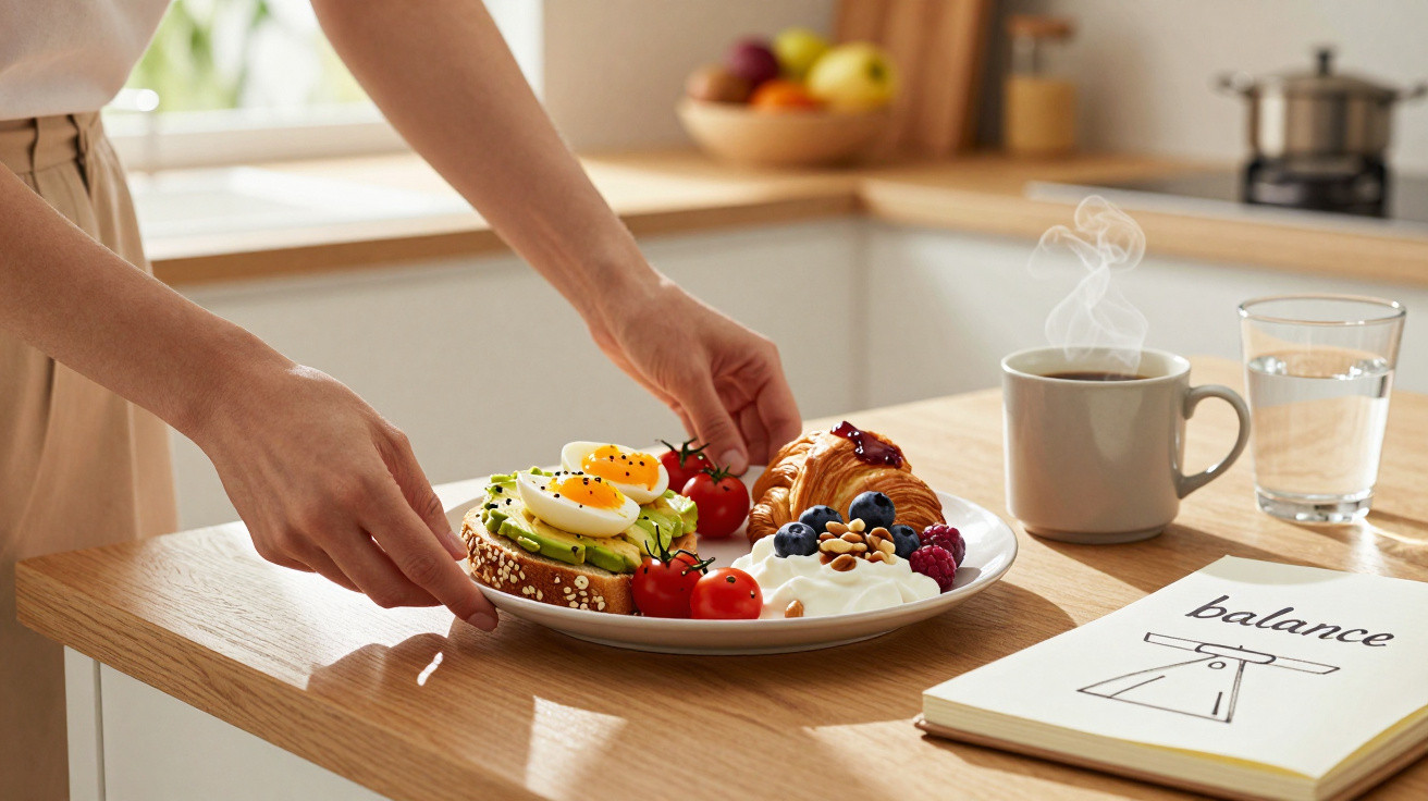 Person stellt Teller mit gesundem Frühstück aus Ei, Avocado, Croissant, Beeren und Tomaten auf Küchentheke ab